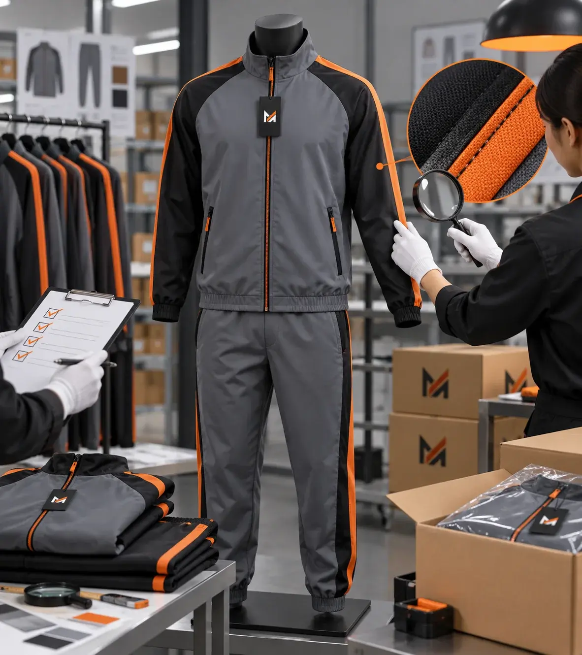 Gray and black custom tracksuit with orange accents displayed on a mannequin during quality inspection, with staff checking stitching, fabric details, packaging, and finished garments before shipping.